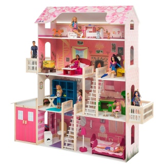 Деревянный кукольный домик "Нежность", с мебелью 28 предметов в наборе и с гаражом, для кукол 30 см