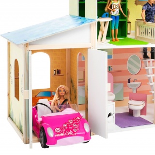 Деревянный кукольный домик "Лира", с мебелью 28 предметов в наборе и с гаражом, для кукол 30 см