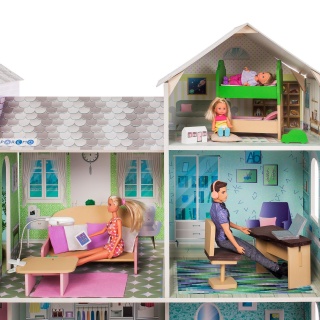 Деревянный кукольный домик "Поместье Виттория", с мебелью 36 предметов в наборе и с гаражом, свет, звук, для кукол 30 см