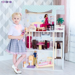 Деревянный кукольный домик "Сан-Ремо", с мебелью 20 предметов в наборе, свет, звук, для кукол 30 см