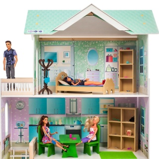 Деревянный кукольный домик "Жозефина Гранд", с мебелью 11 предметов в наборе и с гаражом, для кукол 30 см
